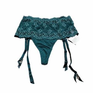 NWT 90s European Vintage C&A Lace Embroidery Garter Thong Panty (Teal) Size S/M
